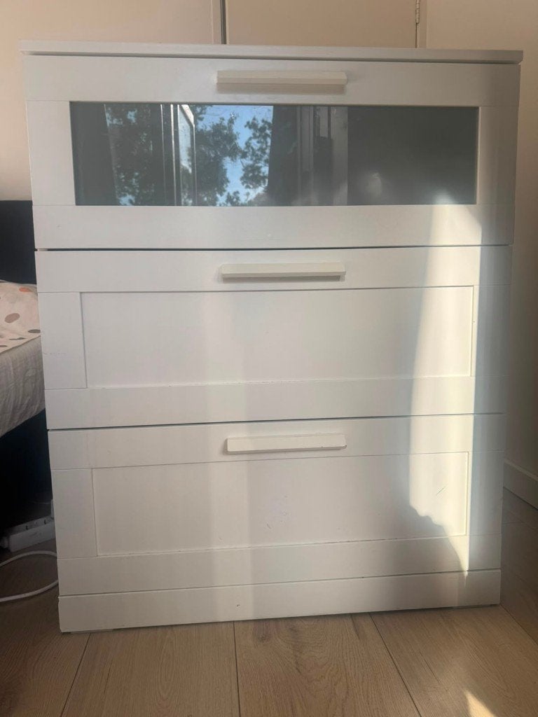 IKEA BRIMNES Chest of 3 Drawers – White/Frosted Glass, Ophalen, Gebruikt, 50 tot 100 cm, 3 of 4 laden