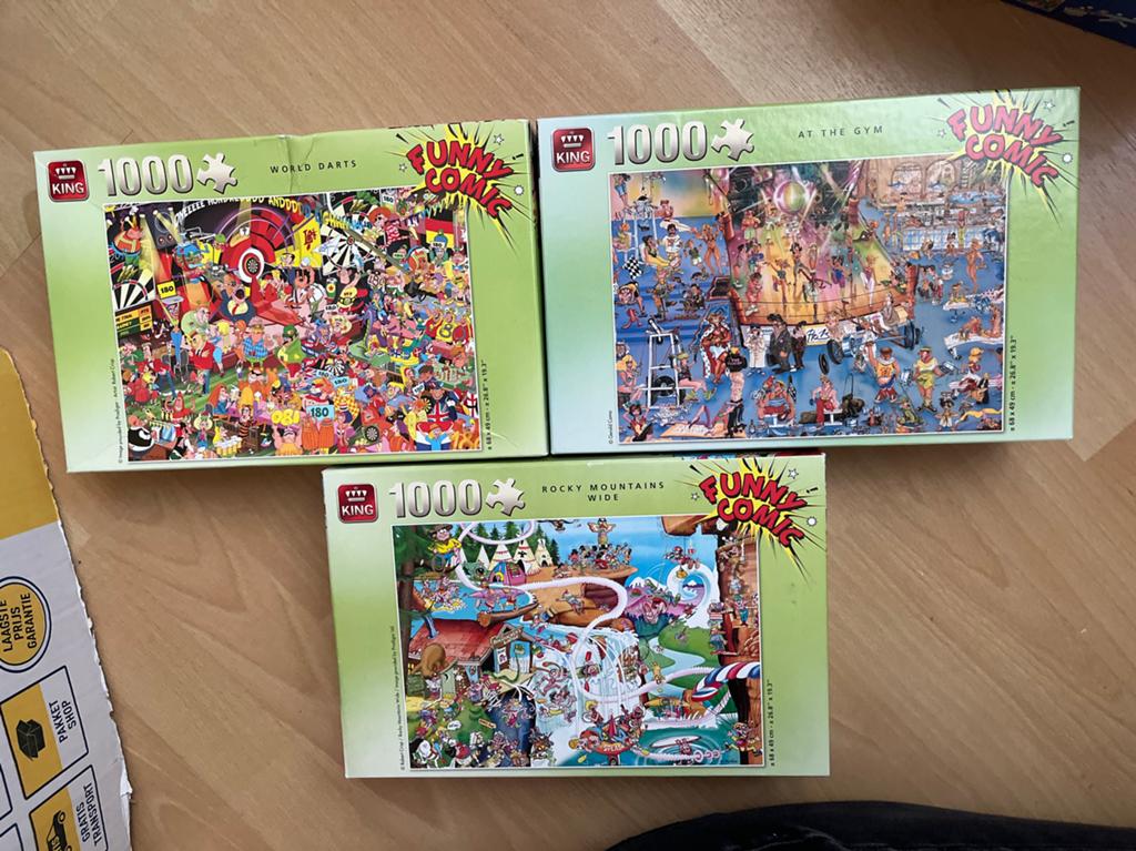 Zolderopruiming: 3x King Funny Comic legpuzzel -1000 stukjes, Hobby en Vrije tijd, Denksport en Puzzels, Ophalen, 500 t/m 1500 stukjes