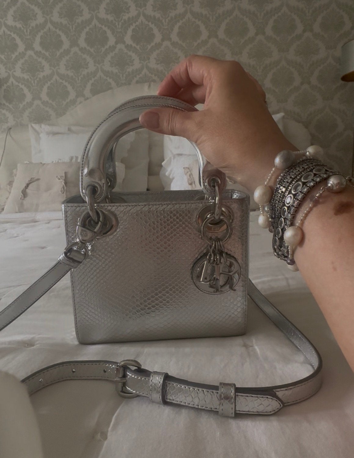 Lady Dior zilveren leer tasje, Verzenden, Zo goed als nieuw, Zwart, Handtas