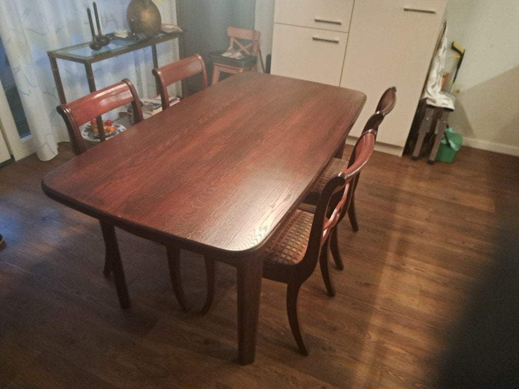 Eethoek met vier stoelen, Huis en Inrichting, Ophalen, Gebruikt, Donker eikenhout, 4 tot 6 stoelen