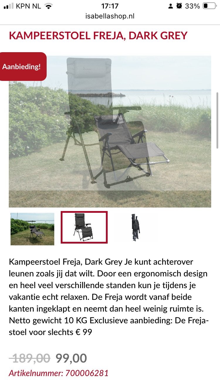 2x kampeerstoel Isabella Freja dark grey, Ophalen, Zo goed als nieuw, Campingstoel