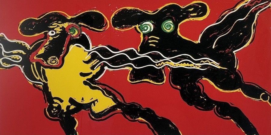 918. Zeefdruk, Peter Diem – 'Flying Cow Red', 1993, Ophalen of Verzenden, Zeefdruk