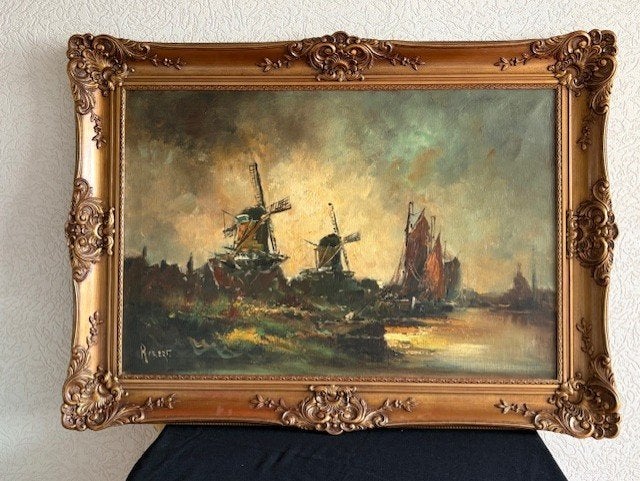 Schilderij 'landschap' o.a. molens, zeilschepen en visserman, Antiek en Kunst, Ophalen, Doek, Ingelijst, Landschap