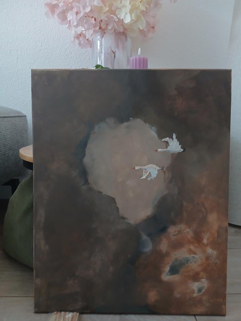 Handgemaakt schilderij met vliegende zwanen, Antiek en Kunst, Kunst | Schilderijen | Klassiek, Ophalen of Verzenden