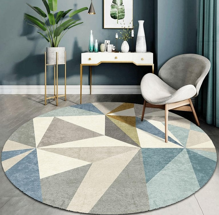 Rond Blauw Wit Geel Grijs Geometrisch Vloerkleed / Tapijt, Verzenden, Nieuw, Rond, 150 tot 200 cm