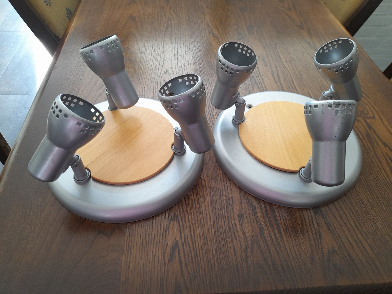 Set van 2 plafondspots met 3 lampen, zilverkleurig/hout, Gebruikt, Zilver, Modern, Verstelbaar