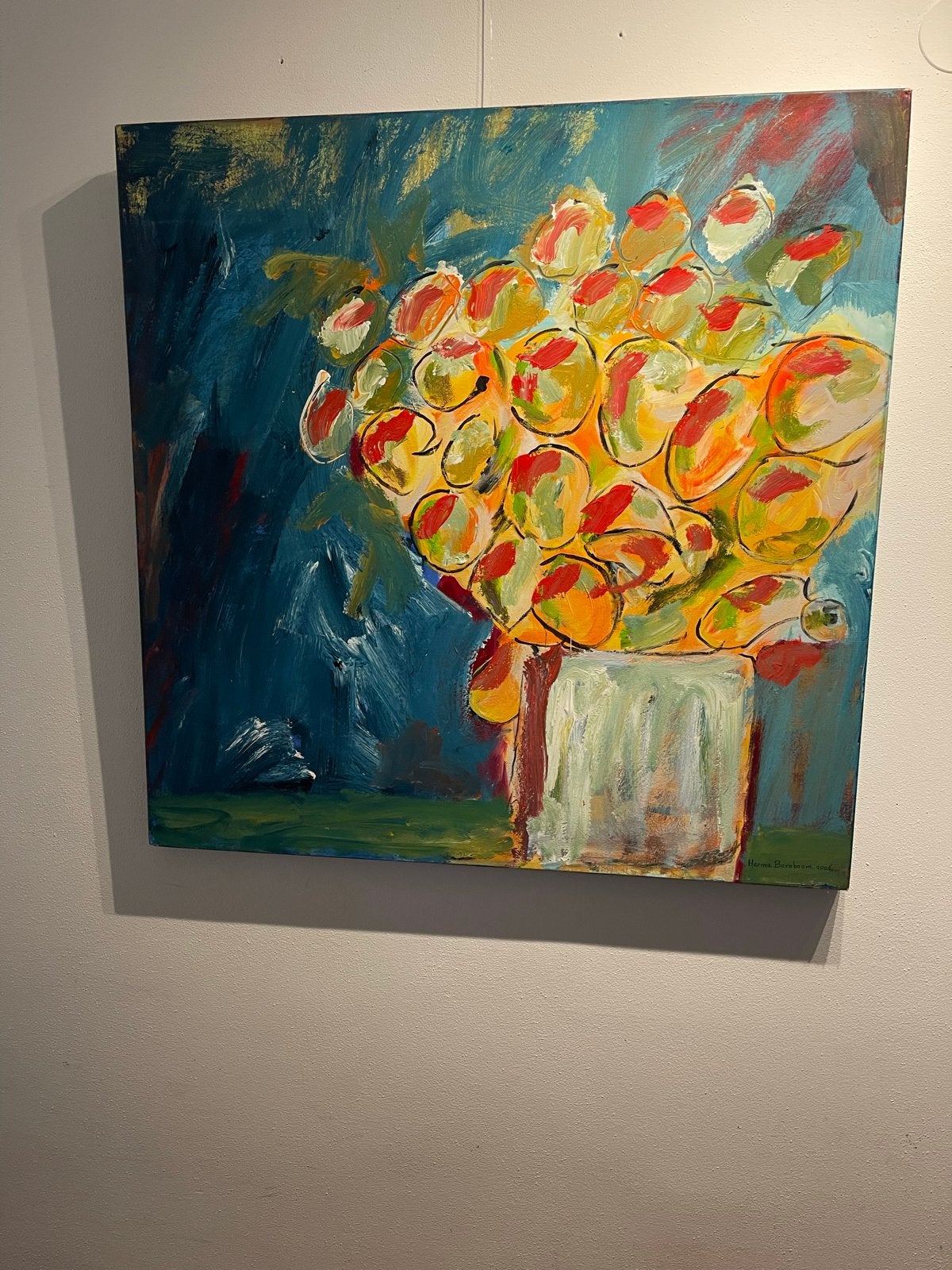 Modern schilderij: Vaas met bloemen, 100-100, warme kleuren, Ophalen, Acrylverf, Handgeschilderd, Bloemen