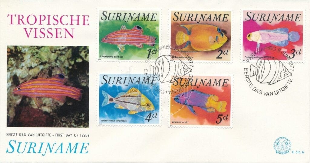 Suriname 1977 - FDC E015A - Tropische vissen, Ophalen of Verzenden
