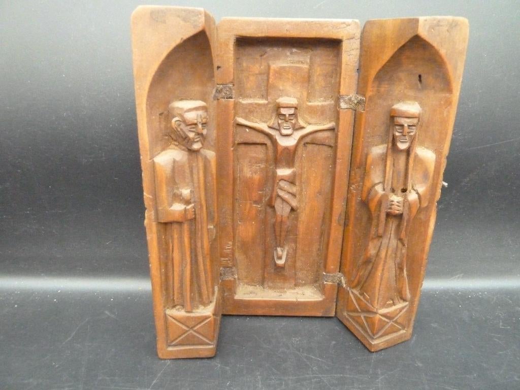 Antiek houten drieluik reis of thuisaltaar, Antiek en Kunst, Ophalen of Verzenden