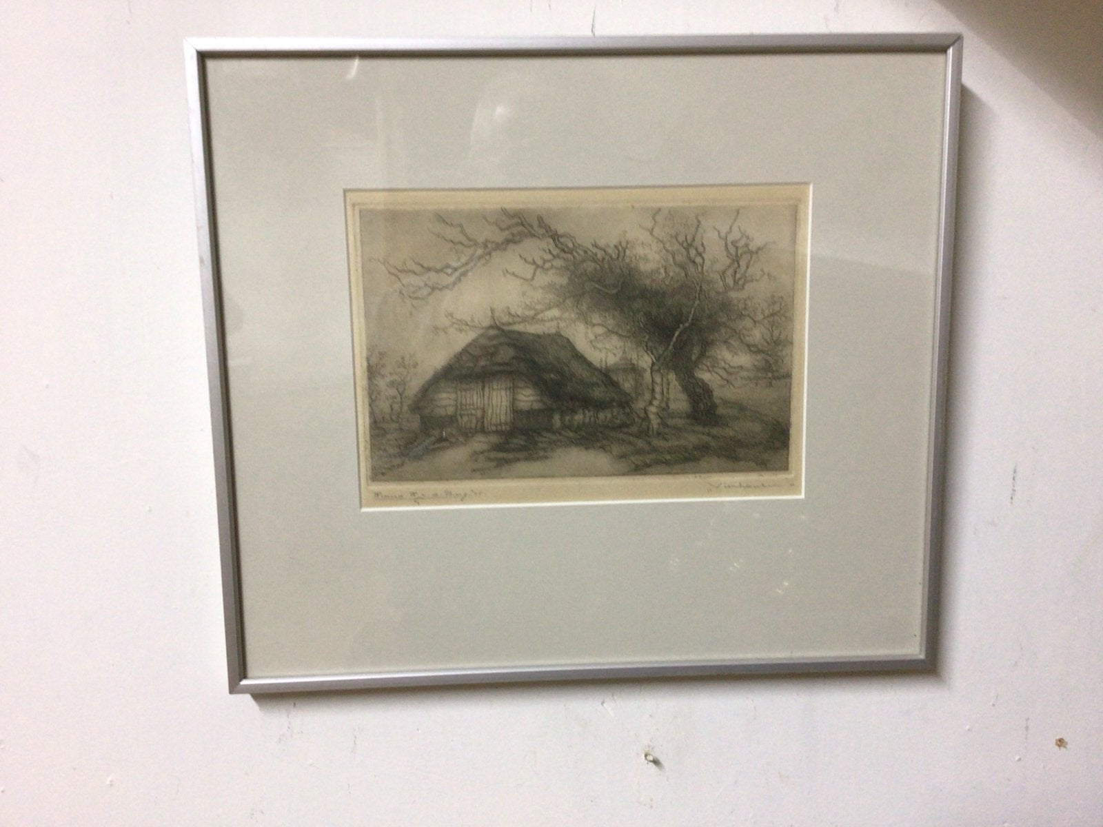 Ets van een boerderij, gesigneerd Vierhoutenen R. v.d. Berg, Antiek en Kunst, Ophalen of Verzenden, Gesigneerd, Landschap, 1950 - 1999