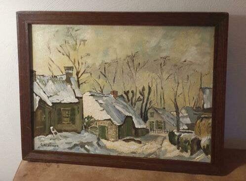 Winterlandschap schilderij boerderij sneeuw G. Helsdingen., Ophalen