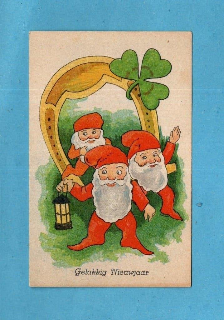 Grappige oude nieuwjaarskaart met kabouters M385 ca1920, Verzenden, 1920 tot 1940, Ongelopen