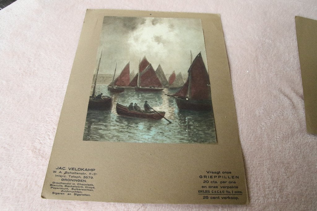 Oude prent op karton. Jac Veldkamp. reclame schilderij, Gebruikt, Ophalen of Verzenden, Voor 1940, Prent