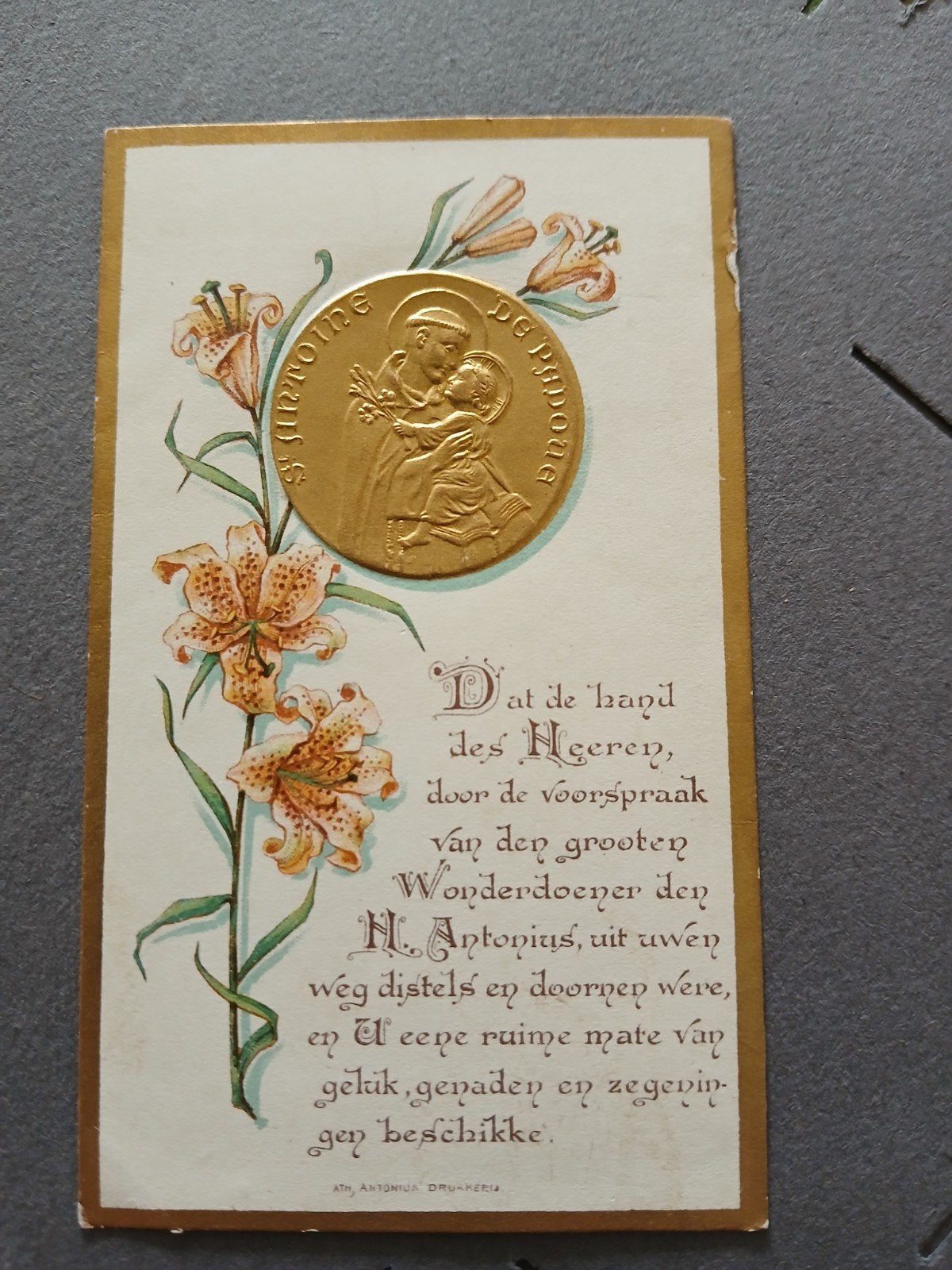 Antieke bidprent met medaille van Sint Antonius, Ophalen of Verzenden
