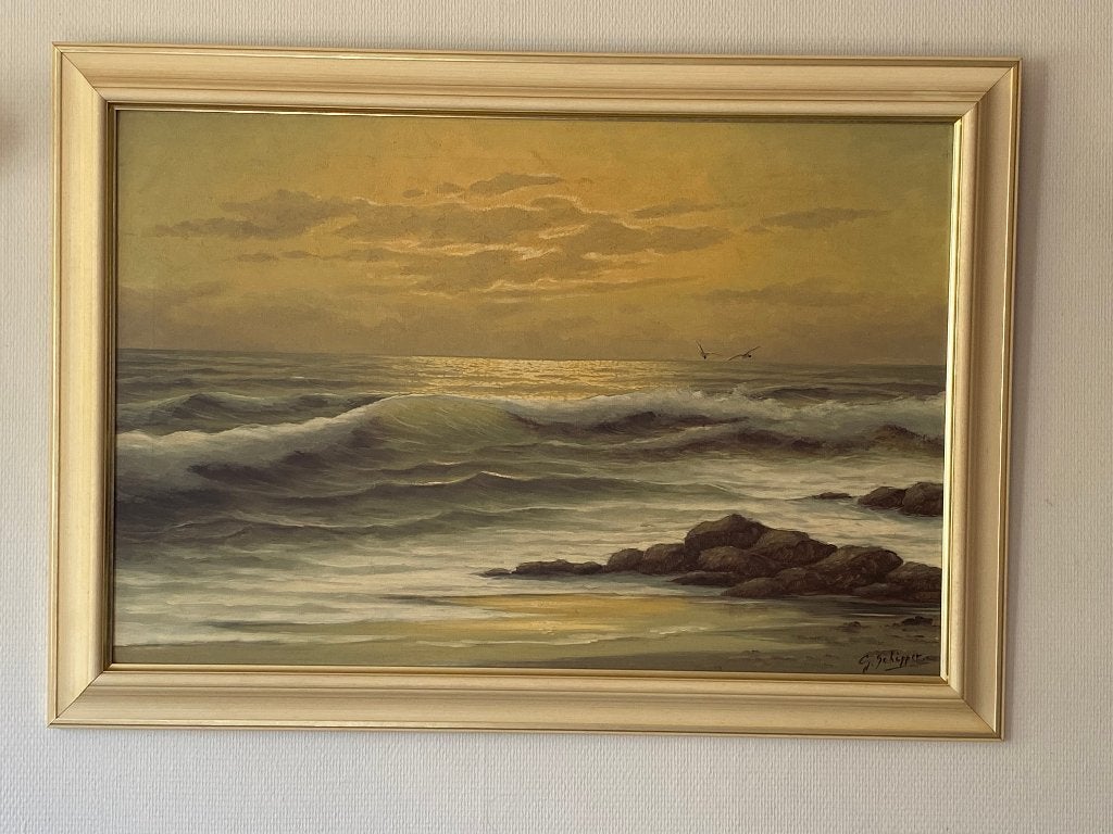 Zeezicht met ondergaande zon van G. Schipper (Groot doek), Ophalen, Maritiem / water, Doek, Gesigneerd