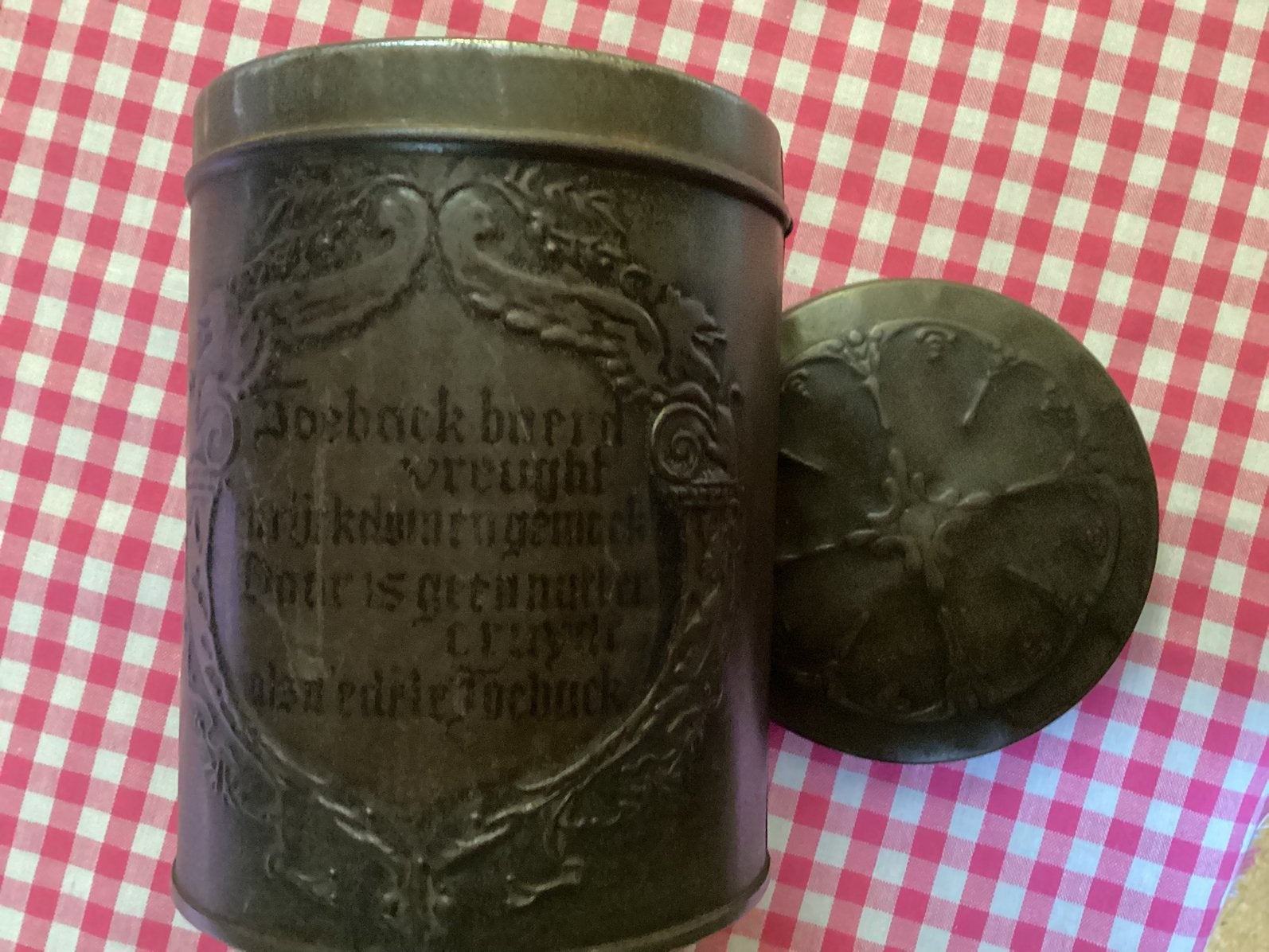 Antiek Tabaks Blik van   Rossum met spreek, Ophalen of Verzenden, Gebruikt, Overige