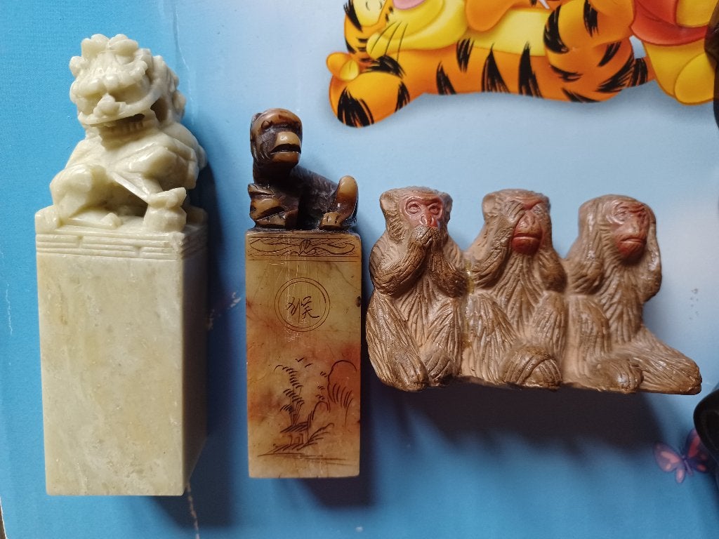 3 antiek Chinese Zegels Speksteen Foo Dog Apen kalligrafie, Antiek en Kunst, Ophalen of Verzenden