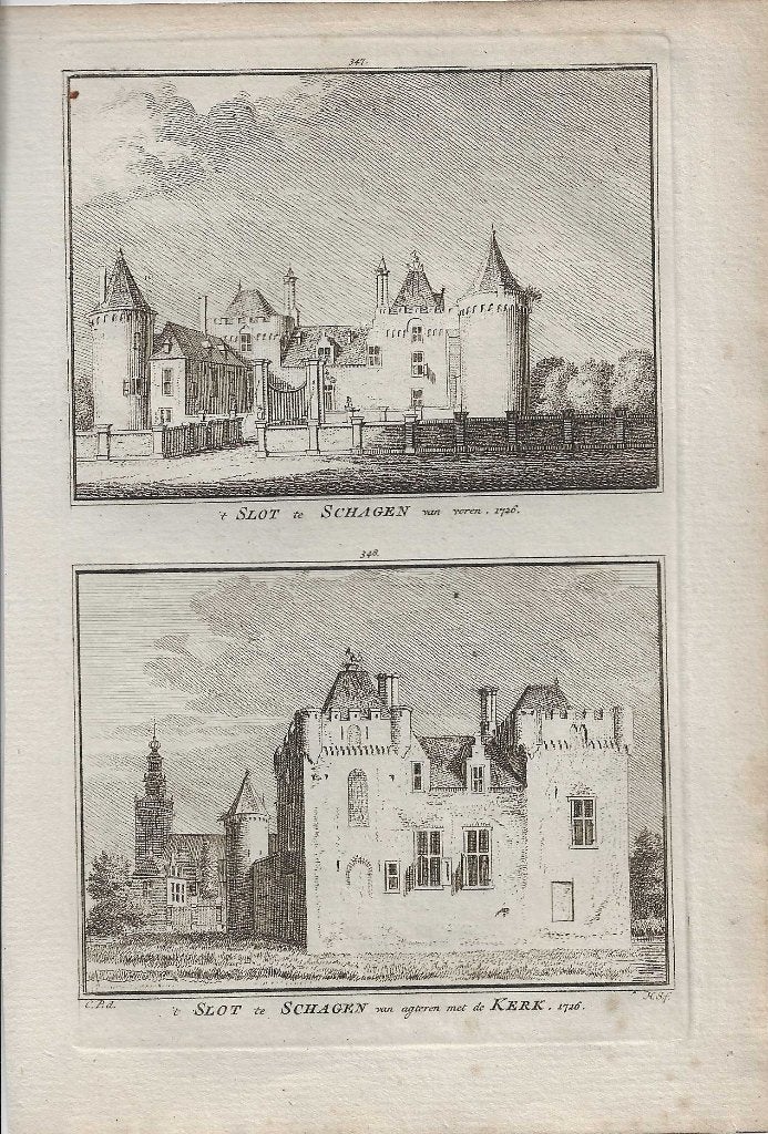 Slot Schagen / Slot Schagen met Kerk 1726 Kopergrav. Spilman, Stadsgezicht, Ophalen of Verzenden, 15 cm, 10 cm