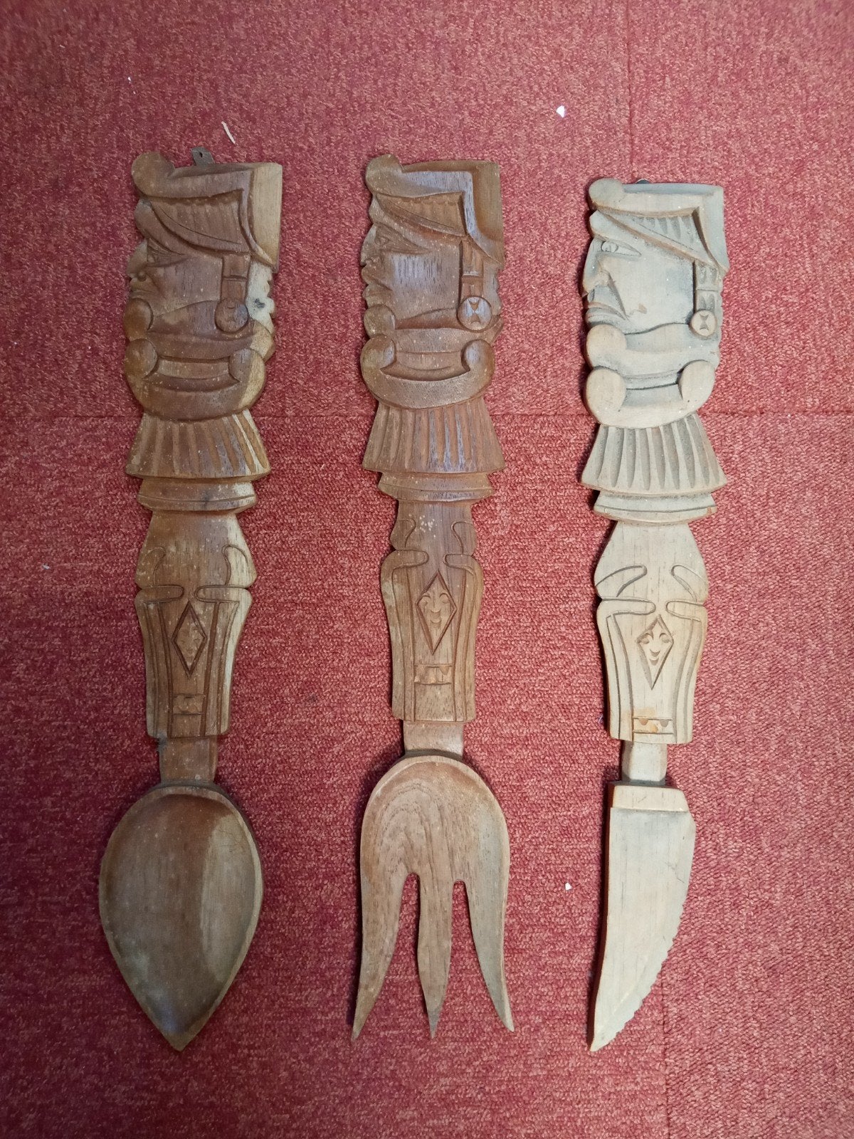 houten wanddecoratie bestek groot formaat, Houtsnijwerk, Handgemaakt, Hout, Bruin