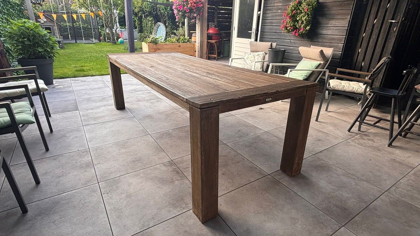 Teab: Teak Tuintafel 'Rough' (240x100) + 4 Bellagio Stoelen, Ophalen, 4 zitplaatsen, Gebruikt, Teakhout