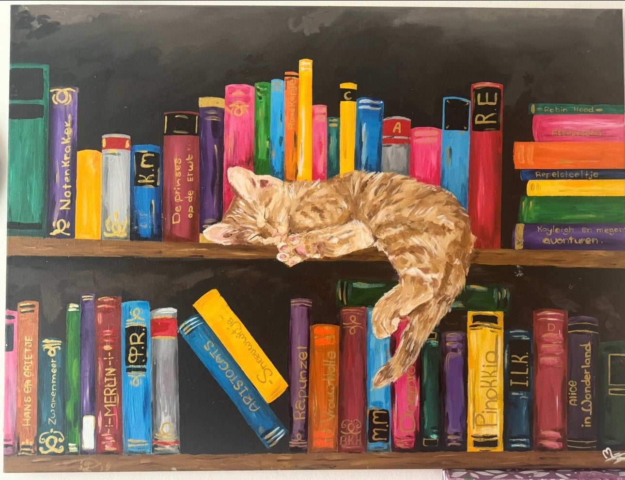 Handgeschilderd schilderij kat op boekenkast – 60 x 80 cm, Ophalen, Acrylverf, Doek, Realistisch