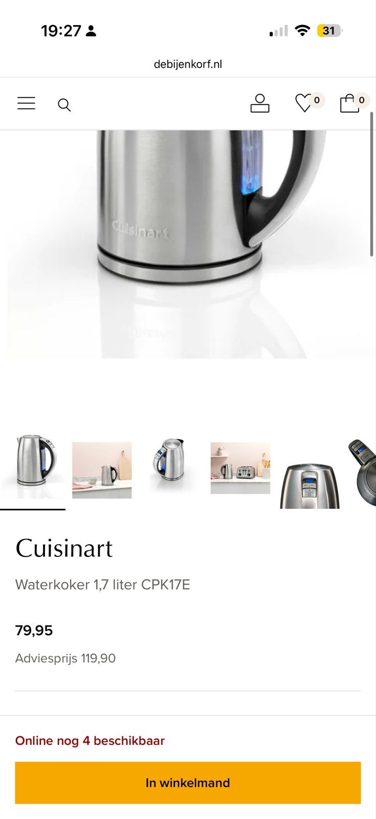 Nieuwe Cuisinart waterkoker 1,7 liter CPK17E, 1 tot 2 liter, Ophalen of Verzenden, Nieuw, Rvs