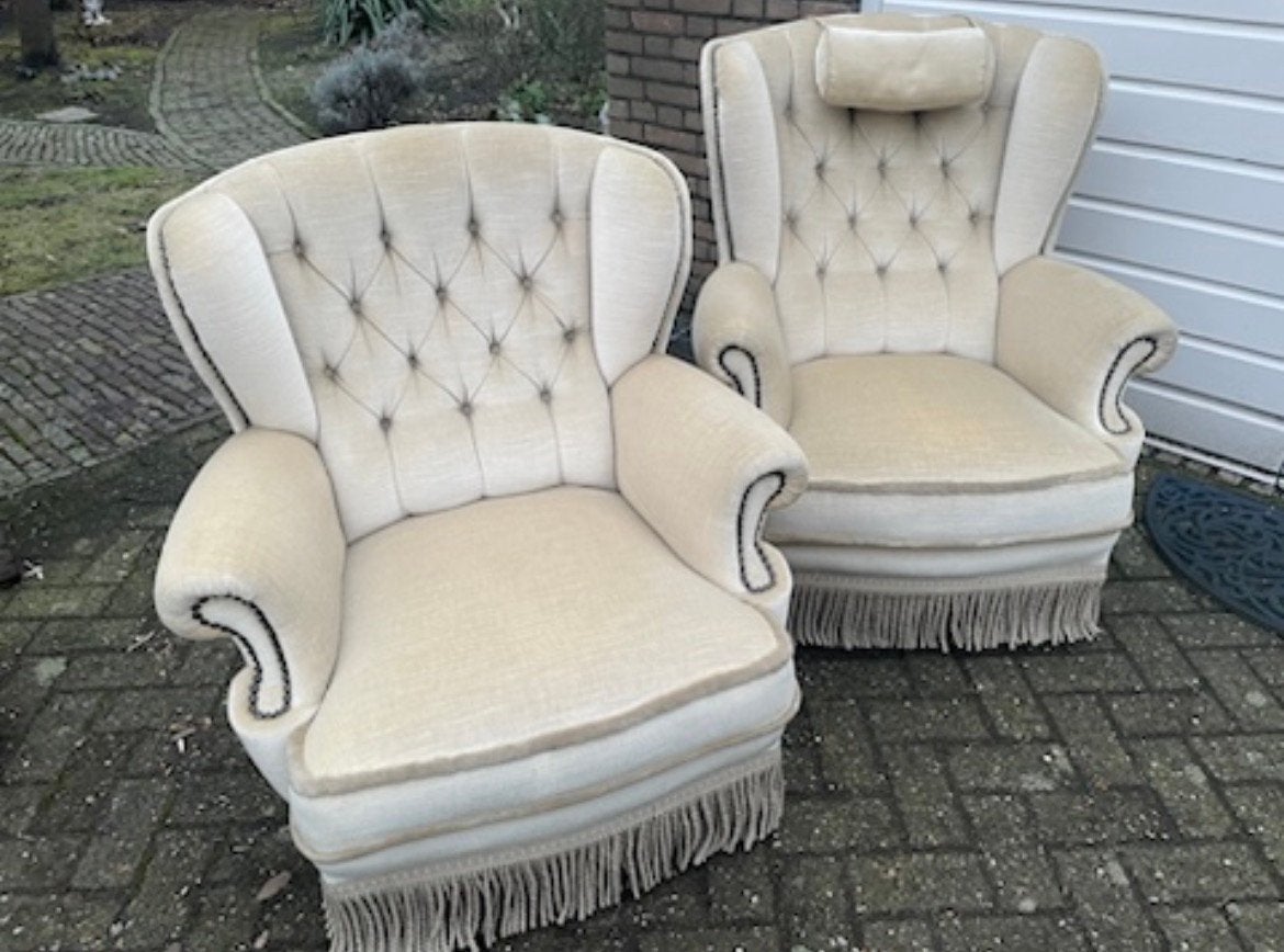 Klassieke fauteuils vintage velours franjes gecapitonneerd, Ophalen of Verzenden, Zo goed als nieuw, 75 tot 100 cm, 50 tot 75 cm