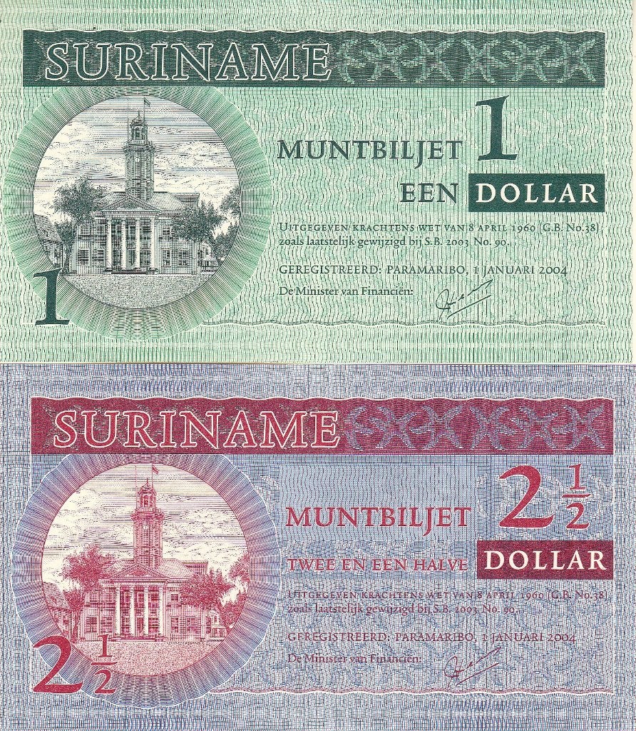 SURINAME   1 DOLLAR  en 2 1/2 DOLLAR   PRACHTIG / UNC  2004, Postzegels en Munten, Bankbiljetten | Nederland, Ophalen of Verzenden