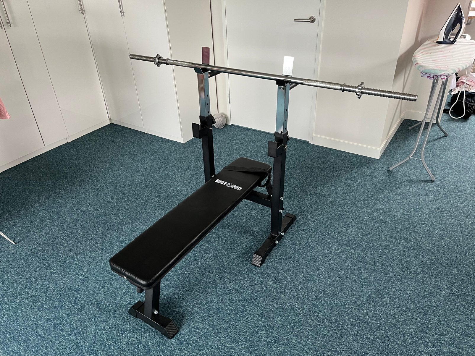 Halterbank met barbell, Ophalen, Gebruikt, Armen, Fitnessbank