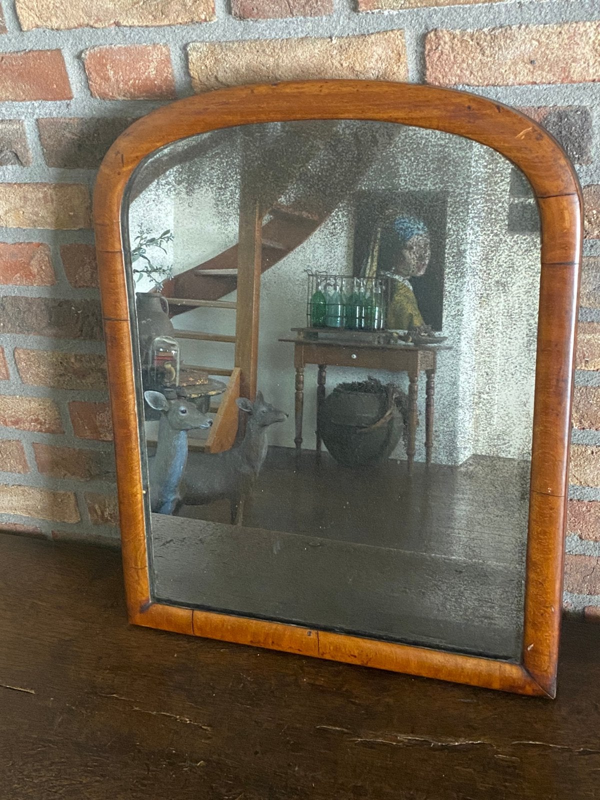 Brocante oude spiegel met lijst van (noten) hout, Antiek en Kunst, Ophalen, Rechthoekig, 50 tot 100 cm