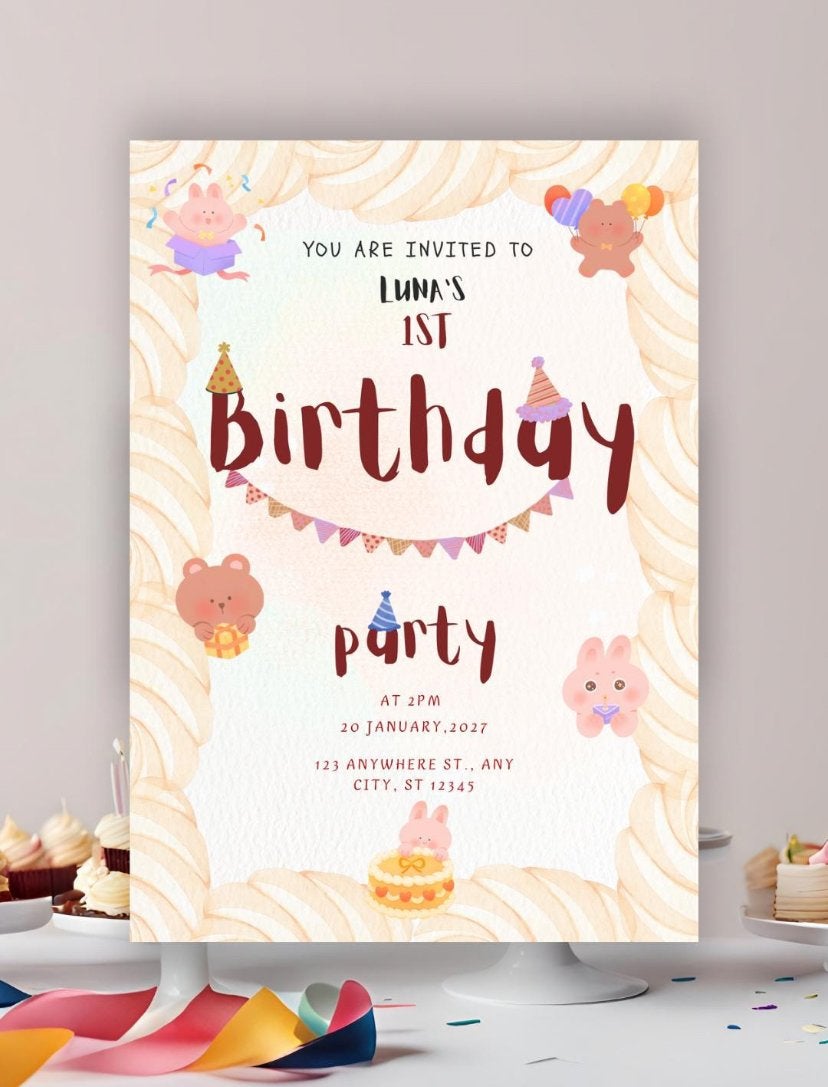 Digitale uitnodiging: Konijn & Beer 1e verjaardag/babyshower, Roze, Handgemaakt, Overige typen, Dieren
