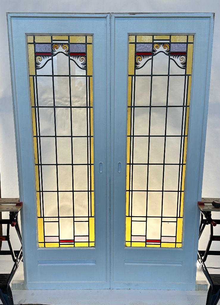216x72 ensuite schuifdeuren gebrandschilderd glas in lood, Ophalen, Gebruikt, 120 cm of meer, Binnendeur