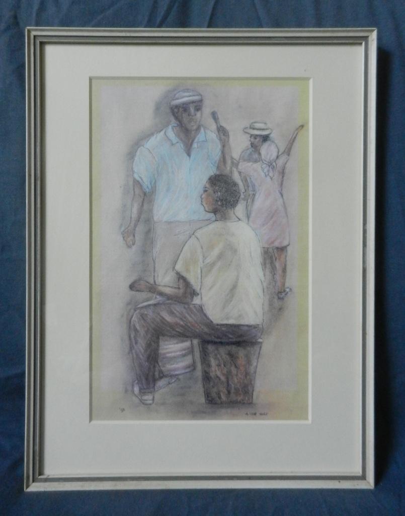 Krijttekening Vier figuren Curaçao Asyla ten Holt 1992 26x16, Ophalen of Verzenden