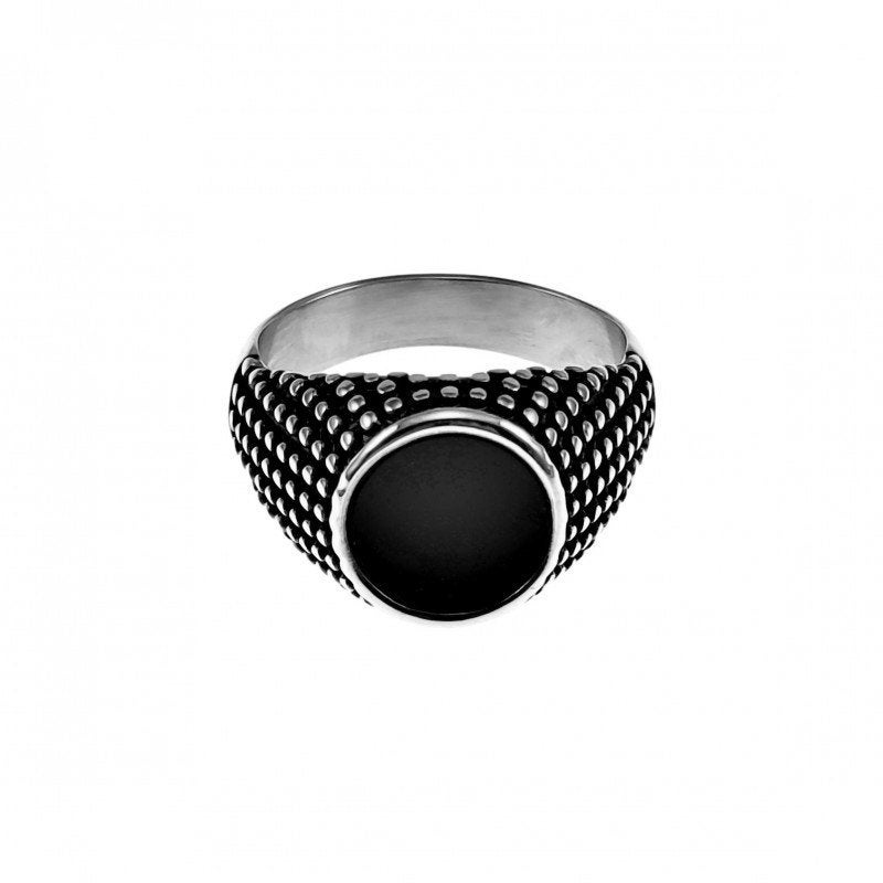 Zegelring Heren Zilverkleurig RVS Stalen Ring + Ronde Zwarte, Heer, Nieuw, Esde2, GPSR@esde2.eu