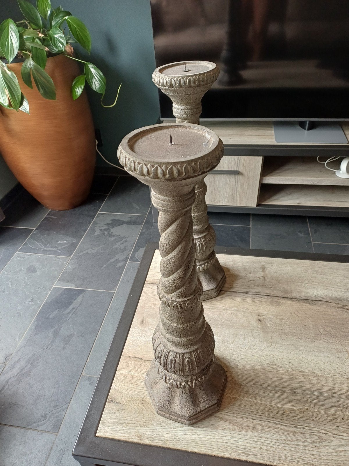 Set van 2 decoratieve kaarsenstandaarden, Gebruikt, Bruin, Overige merken, Ophalen of Verzenden