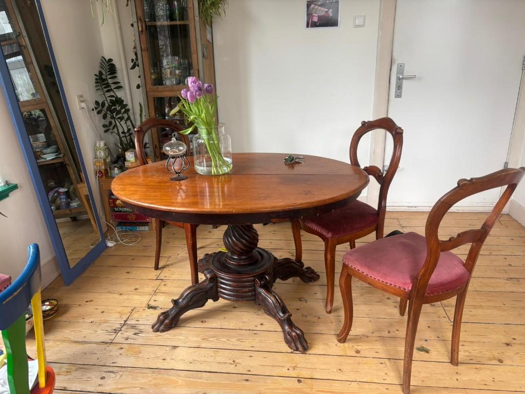 Ovalen antieke tafel, biedermeier, plus 4 stoelen, Antiek en Kunst, Ophalen