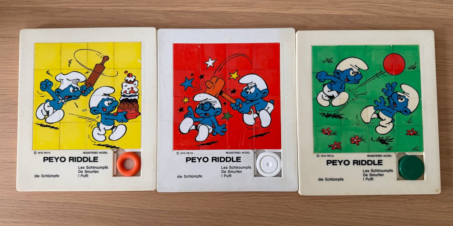 3 zeldzame Smurfen schuifpuzzels uit 1976, Verzamelen, Smurfen, Ophalen of Verzenden, Gebruikt, Verschillende Smurfen, Overige typen