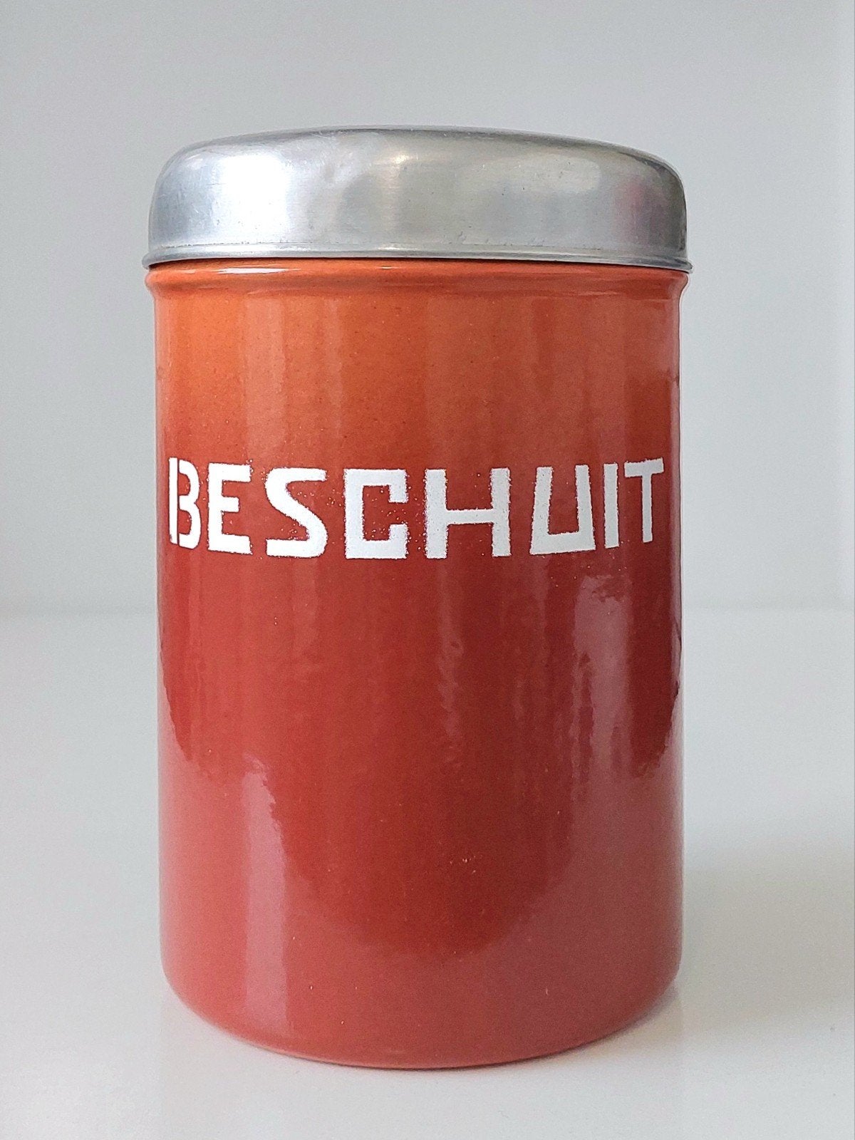 Oude Emaille Beschuitbus Terracotta Keukenemaille, Ophalen of Verzenden