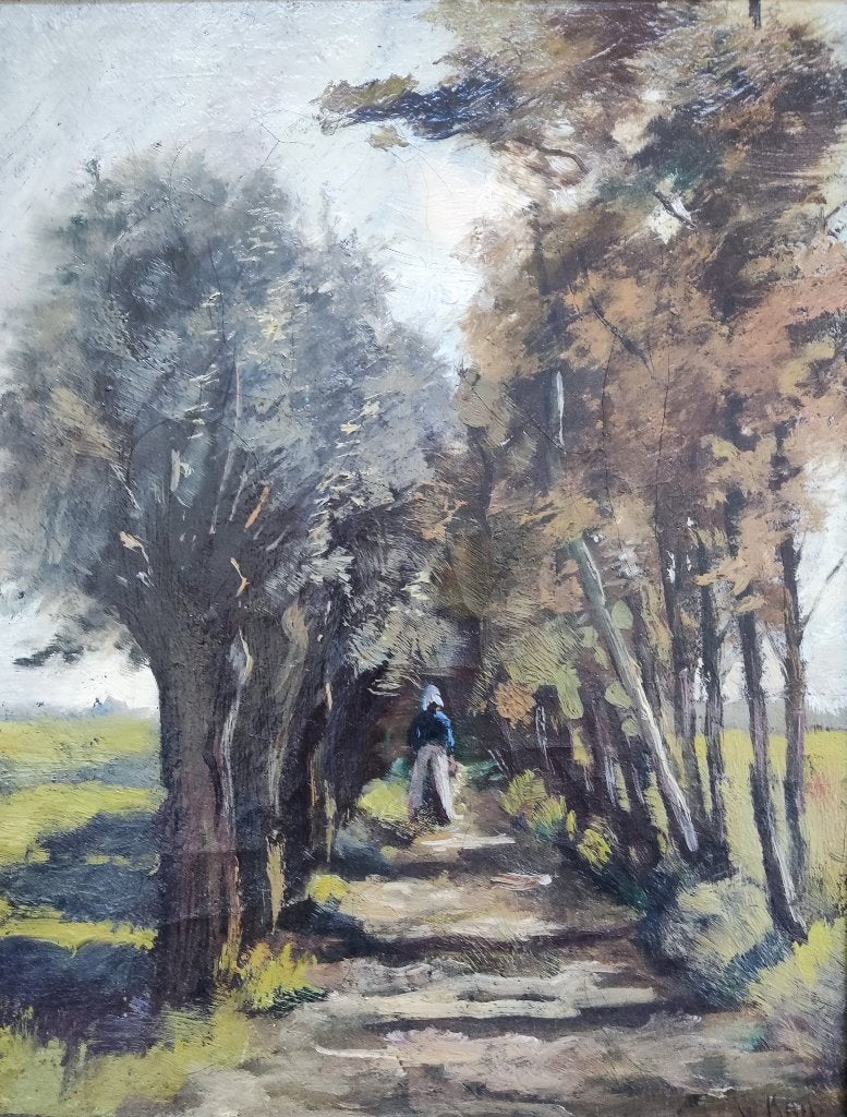 Willem Alexander Knip (1883-1967) - Vrouw op wilgenlaan, Doek, Ophalen of Verzenden, Gesigneerd, Landschap
