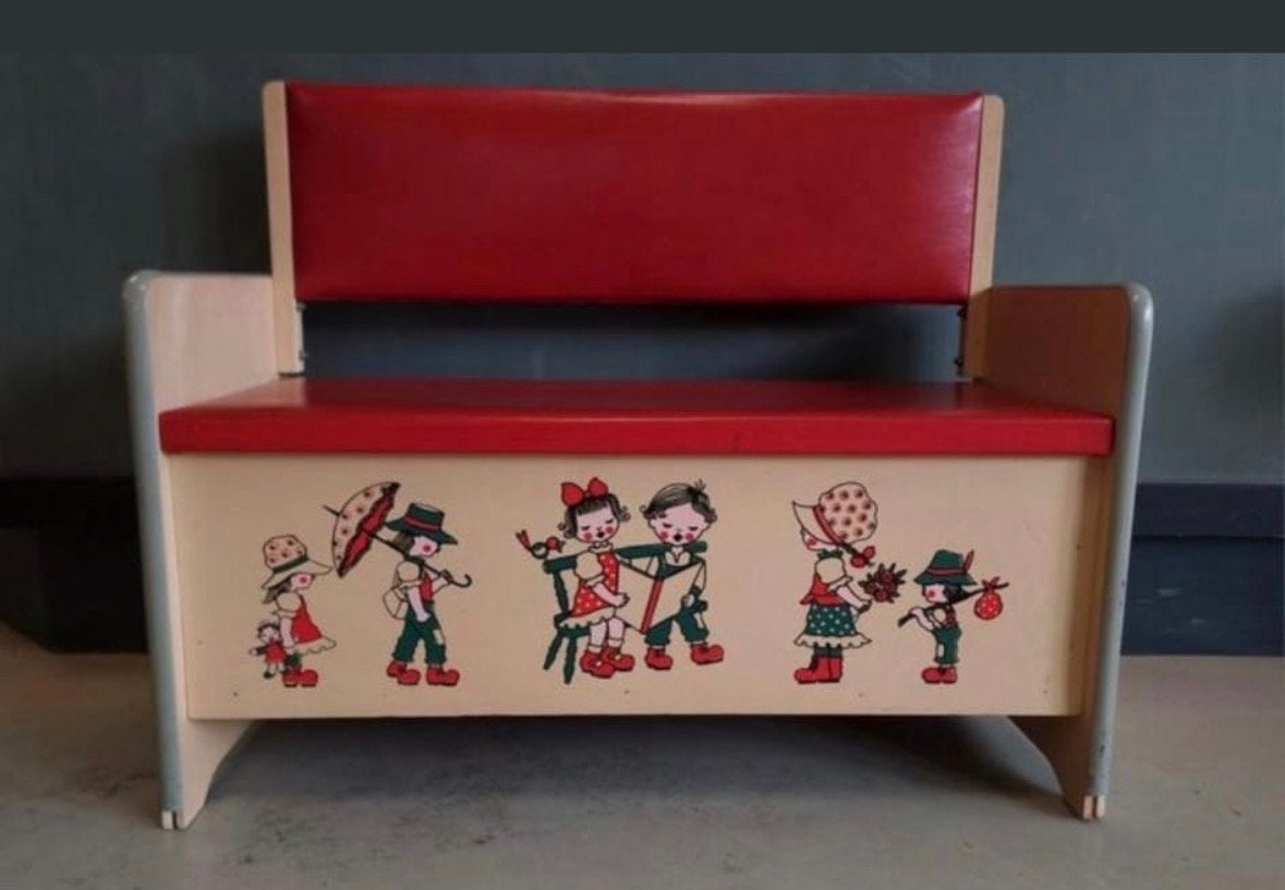 Vintage kinderbankje met opbergruimte en tekeningen, Kinderen en Baby's, Ophalen, Gebruikt, Stoel