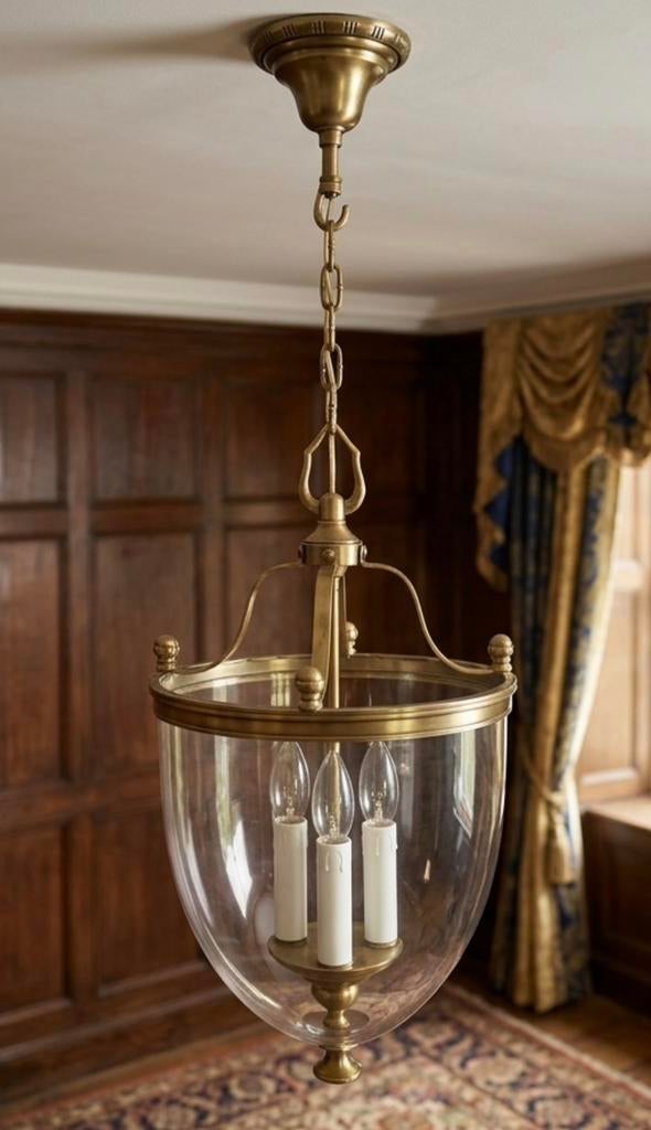 Messing bell jar hanglamp (urn pendant) Cowie 3 stijl, Ophalen, Zo goed als nieuw, Glas, Vintage Cowie 3