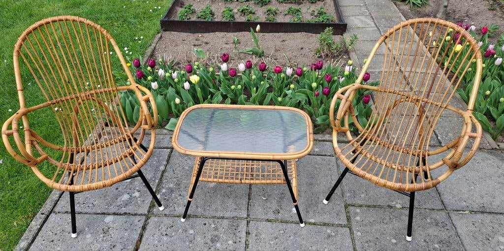 Vintage rotan stoelen met tafeltje, Ophalen, Rotan