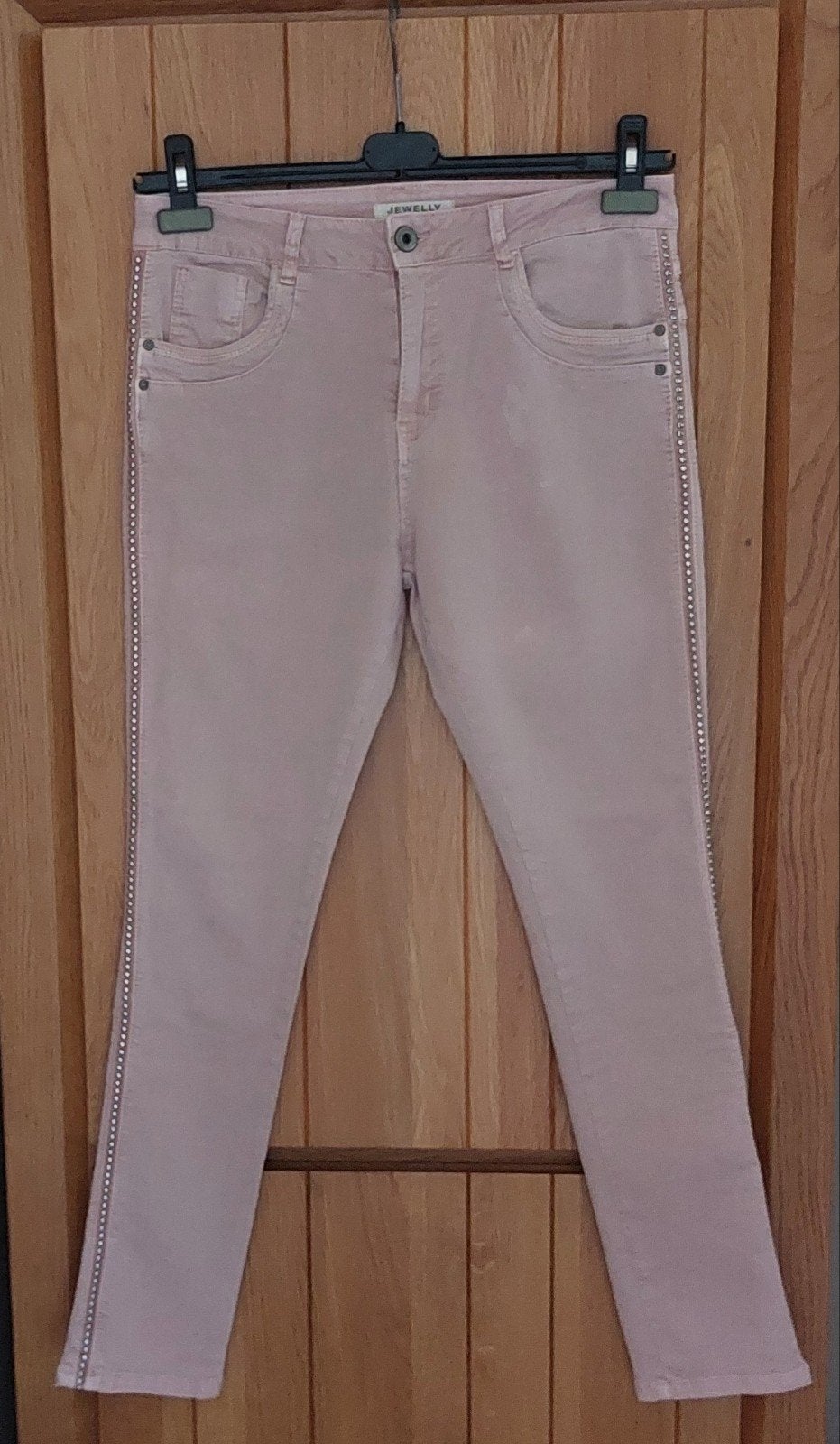 Roze Jewelly spijkerbroek met strass, maat L/40, Ophalen, Overige kleuren, Jewelly, Zo goed als nieuw