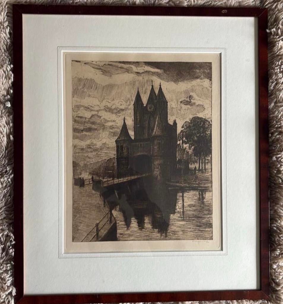 Ets van Dingemans - Amsterdamse Poort in Haarlem, Ophalen of Verzenden, Architectuur, Ets, 1900 - 1949