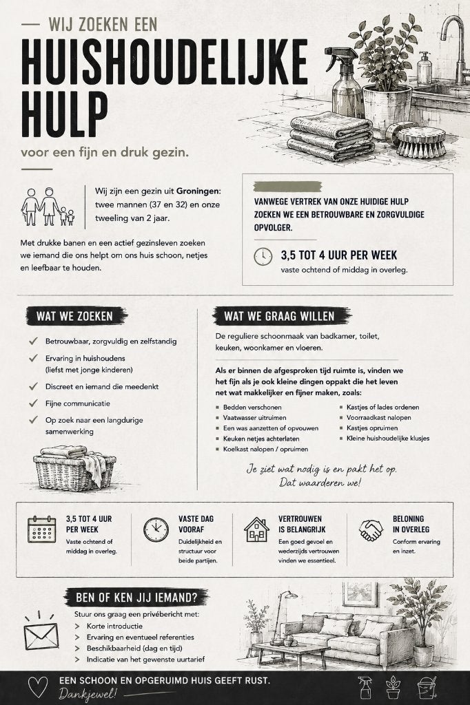 Huishoudelijk hulp/schoonmaker gezocht, Schoonmaken