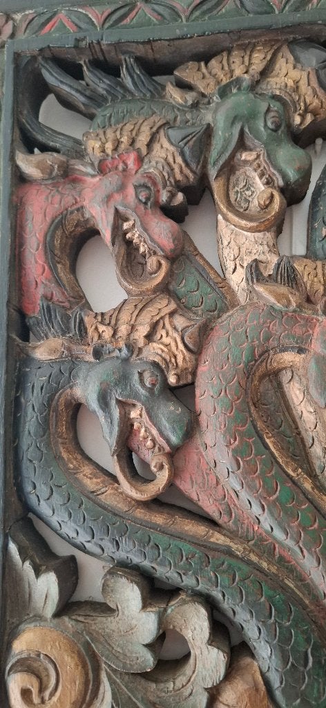 BALI 7 KOPPIGE DRAAK Uniek Handgestoken Wandpaneel, Ophalen, Houtsnijwerk, 50 - 100 cm, Scène