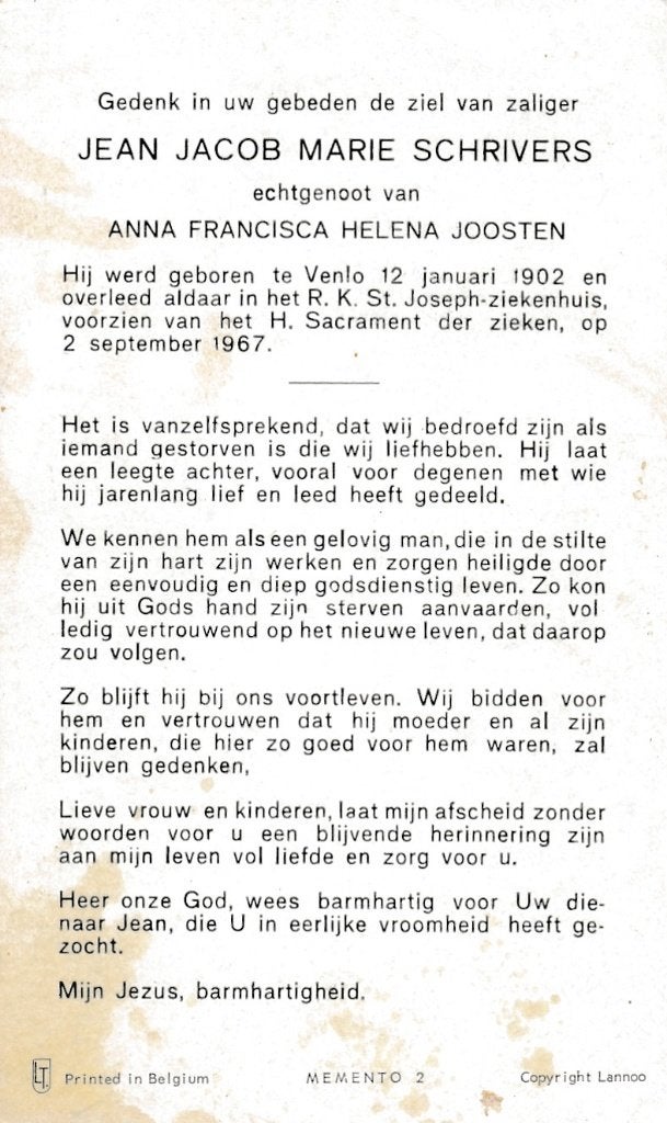 Schrivers Jean 1902 Venlo 1967, Verzamelen, Bidprentjes en Rouwkaarten, Ophalen of Verzenden, Bidprentje