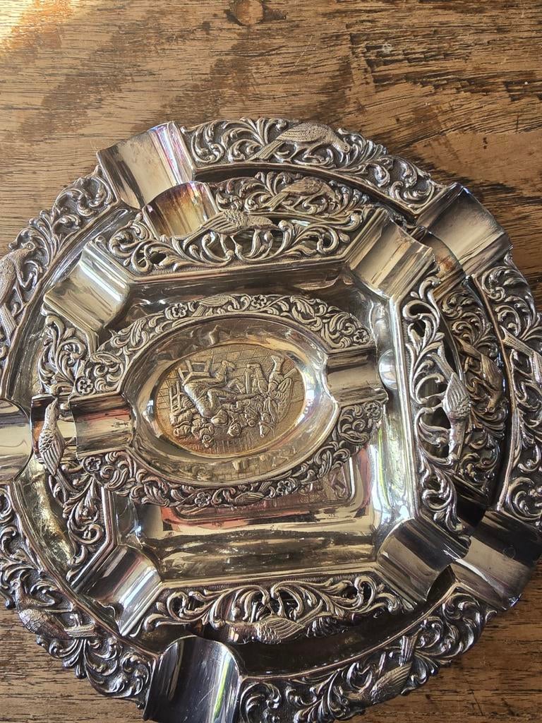 Metalen set asbakken, Antiek en Kunst, Ophalen of Verzenden, Zilver