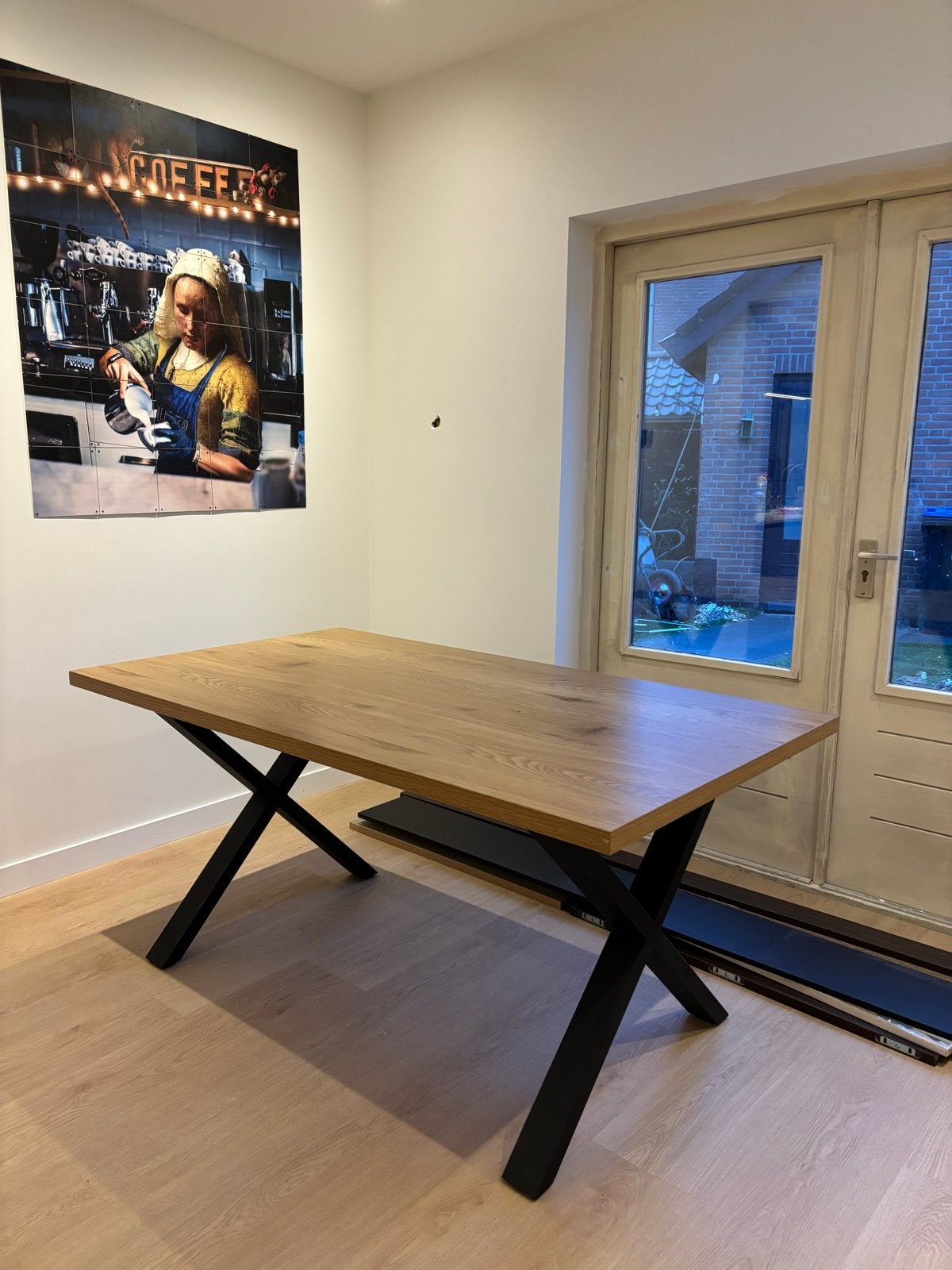Eikenhouten eettafel met zwart metalen X-poten, Ophalen, Eikenhout, 50 tot 100 cm, Zo goed als nieuw