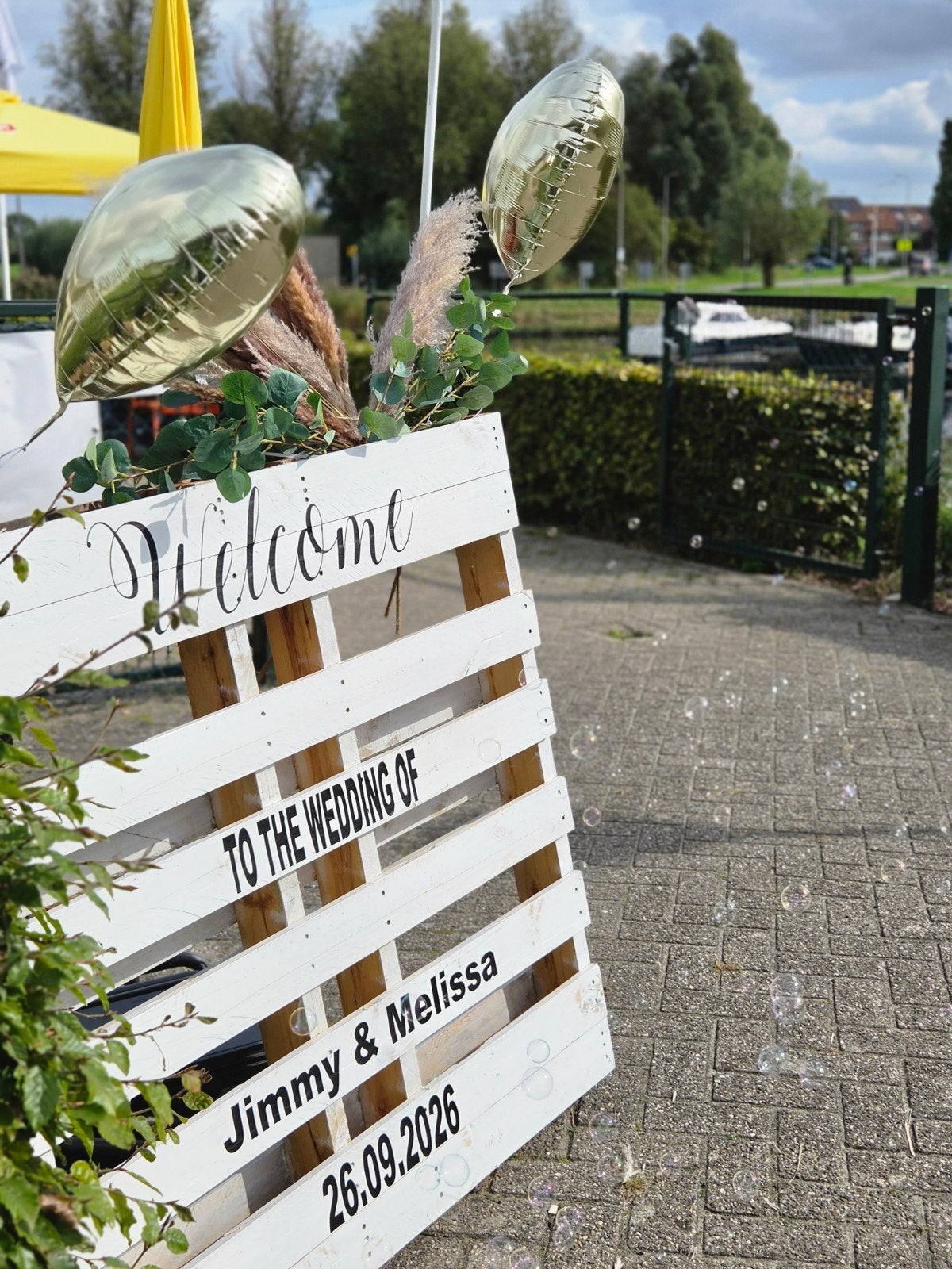 Welkomstbord bruiloft (pallet), Ophalen, Gebruikt, Versiering, Geboorte of Huwelijk